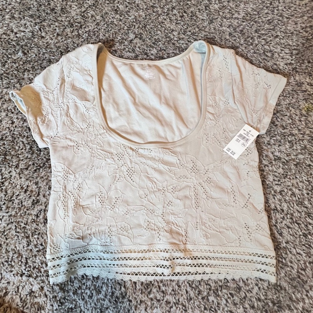 Aerie Women Cream Floral Pointelle Crochet Lace Hem Scoop Neck Top S NEW